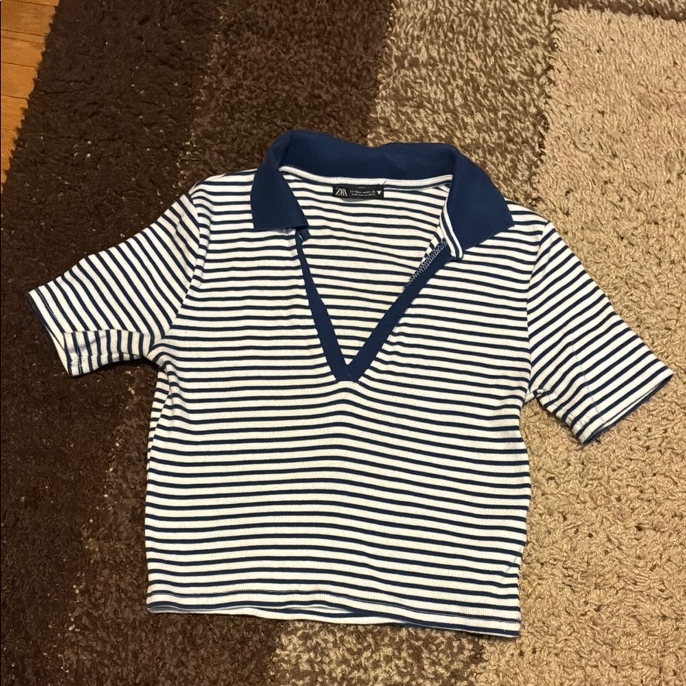 Zara Blue and White Striped Short Sleeve Tee